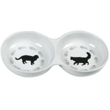 Миска Flamingo Cats Double подвійна для котів, з малюнком котів, кераміка, біла, 22×11×3.5 см
