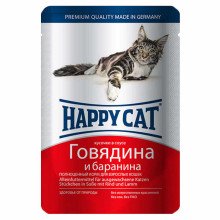 Влажный корм Happy Cat Rind Lamm in Sosse для взрослых кошек, кусочки в соусе, с говядиной и бараниной, 100 г