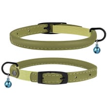 Нашийник BronzeDog Premium, для котів, шкіряний, круглий, з резинкою і дзвіночком, оливковий, 20-25×0.6 см