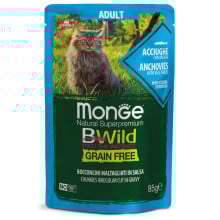 Влажный корм Monge Cat Be Wild Gr. Free Wet для взрослых кошек, кусочки в соусе, анчоус с овощами, 85 г