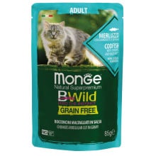 Влажный корм Monge Cat Be Wild Gr.Free для кошек, кусочки в соусе, треска с креветками и овощами, 85 г