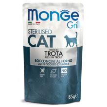 Влажный корм Monge Cat Grill Sterilised для стерилизованных кошек, печеные кусочки в соусе, с форелью, 85 г