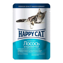 Влажный корм Happy Cat кусочки в желе с лососем и креветкой для кошек, 100 г