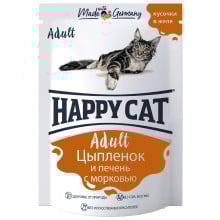 Влажный корм Happy Cat Adult для взрослых кошек, цыпленок и печень с морковью, кусочки в желе, 100 г