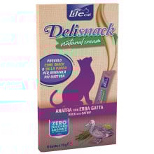 Ласощі LifeCat Deli Snack Natural Cream для котів, крем-снек на основі м'яса качки та котячої м'яти, 6 штук по 15 г