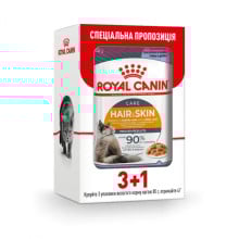 Влажный корм Royal Canin Hair & Skin Jelly для кошек для поддержания здоровья кожи и блеска шерсти, кусочки в желе, 85 г, акция 3+1