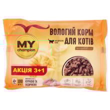 Влажный корм Мой чемпион для кошек, кусочки с курицей и индейкой, пауч, 100 г, акция 3+1