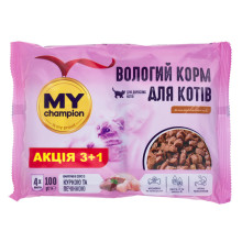 Влажный корм Мой чемпион для кошек, кусочки с курицей и печенью, пауч, 100 г, акция 3+1