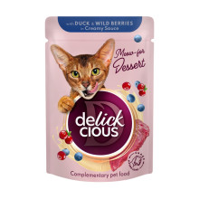Влажный корм Delickcious для кошек, хлопья с уткой и лесными ягодами в сливочном соусе, 80 г