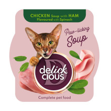 Влажный корм Delickcious для кошек, куриный суп с ветчиной и добавлением шпината, 80 г