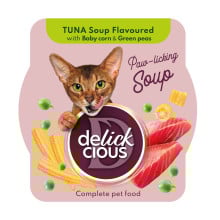 Влажный корм Delickcious для кошек, суп из тунца с добавлением мини-кукурузы и зеленого горошка, 80 г