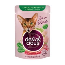 Вологий корм Delickcious Duck, Chicken Fillet & Spinach in Sauce качка, куряче філе і шпинат в соусі, для котів, пауч, 85 г