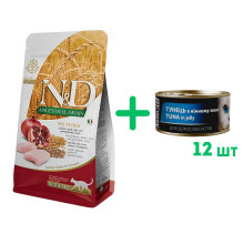 Низькозерновий сухий корм Farmina N&D, для стерилізованих дорослих котів, курка з гранатом, 5 кг + 12 консерв AnimAll для котів, тунець в ніжному желе, 85 г у подарунок