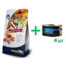 Сухий низькозерновий корм Farmina N&D TROPICAL SELECTION для стерилізованих дорослих котів, з ягням та тропічними фруктами, 1,5 кг + 4 консерви AnimAll для котів, тунець в ніжному желе, 85 г у подарунок