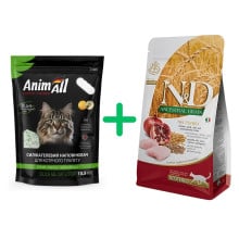Силікагелевий наповнювач AnimAll Кристали смарагду, для котів, 10.5 л (4.4 кг) + Низькозерновий сухий корм Farmina N&D, для стерилізованих дорослих котів, курка з гранатом, 300 г у подарунок
