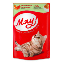 Влажный корм Мяу! для кошек, с говядиной и овощами в желе, пауч, 85 г