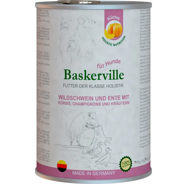 Влажный корм Baskerville Holistic Rind und Lachs для собак, утка и кабан с тыквой и зеленью, 400 г