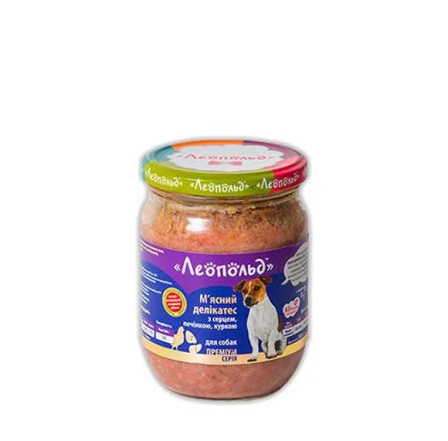 Консерва Леопольд для собак деликатес с сердцем, печенью, курицей, 500 г