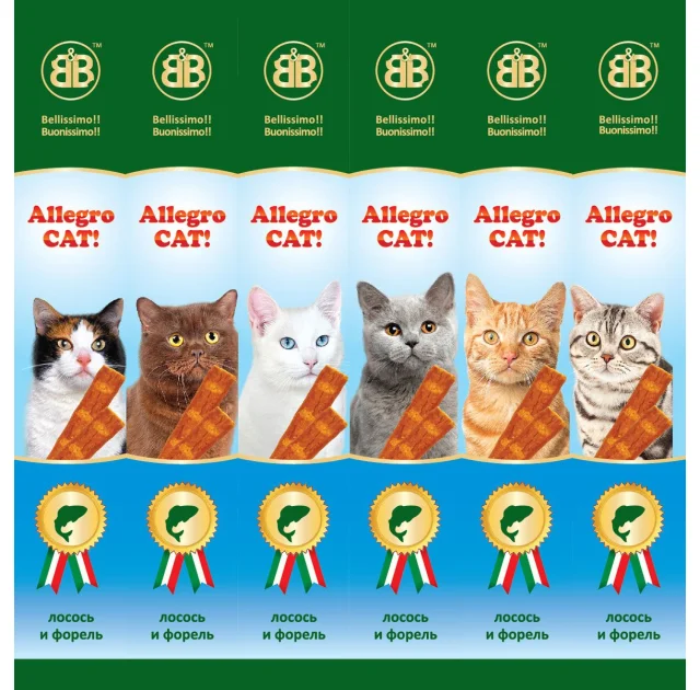 Колбаски B&B Allegro Cat со вкусом лосося и форели, 6 х 5 г