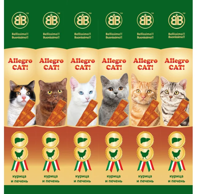 Колбаски B&B Allegro Cat со вкусом курицы и печени, 6 х 5 г