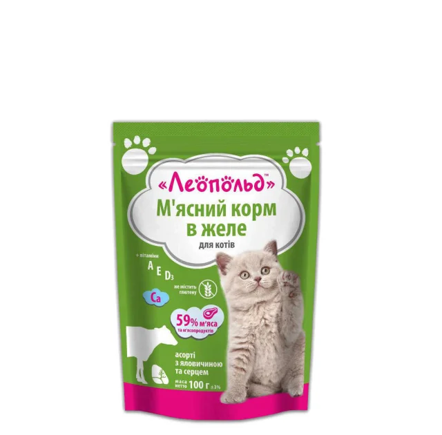 Консерви Леопольд готовий обід для котів асорті яловичина і серце в желе, 100 г