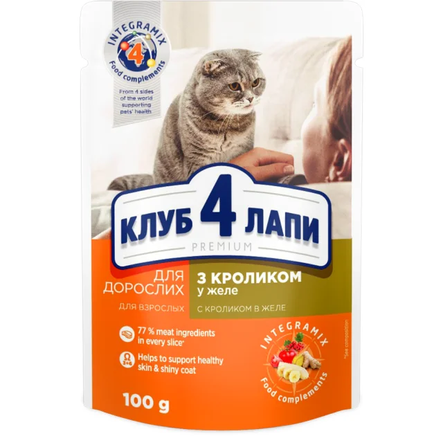 Влажный корм Клуб 4 Лапы Adult Premium для взрослых кошек, с кроликом в желе, 100 г
