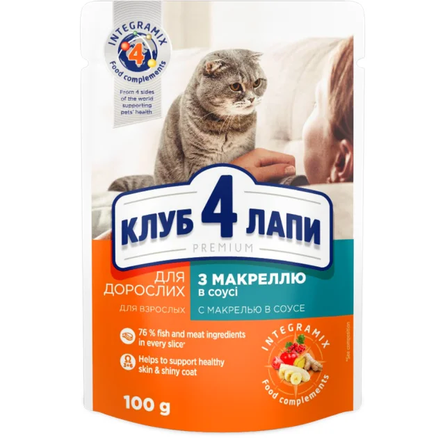 Влажный корм Клуб 4 Лапы Adult Premium для взрослых кошек, с макрелью в соусе, 100 г