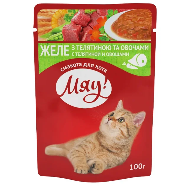 Консерва Мяу телятина с овощами в желе для котов, 85 г