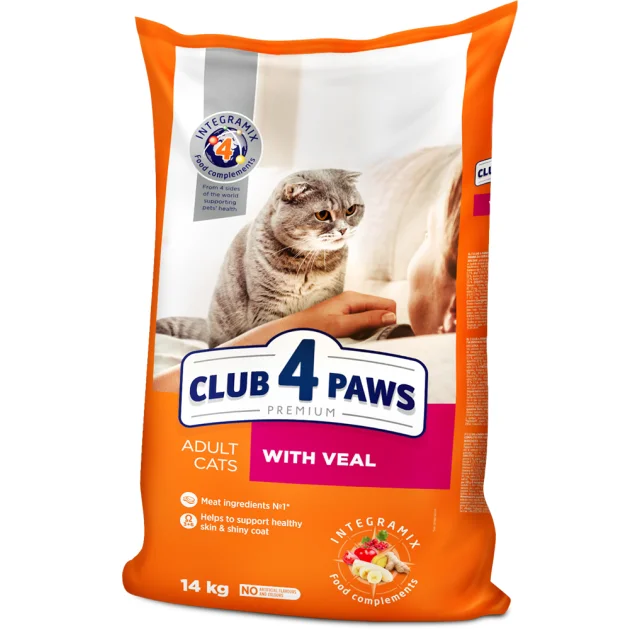 Сухой корм Клуб 4 Лапы Adult Cats Premium для взрослых кошек, с телятиной, 14 кг