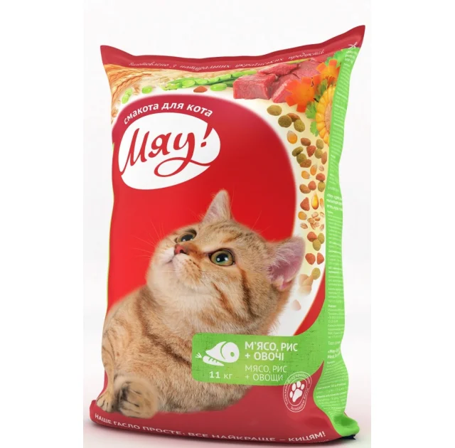 Сухой корм Мяу с мясом, рисом и овощами для котов, 11 кг