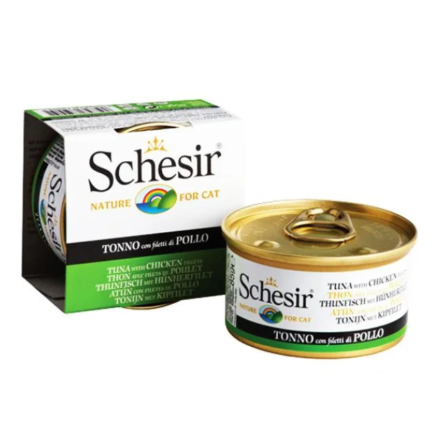 Консервы Schesir Tuna Chicken для кошек, тунец с куриным филе и рисом, банка, 85 г
