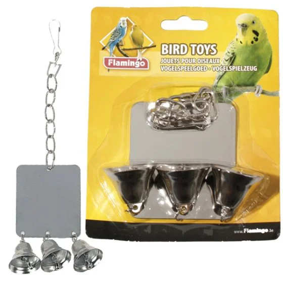 Іграшка Flamingo Mirror 3 Bells для папуг, квадратне дзеркало з трьома дзвіночками