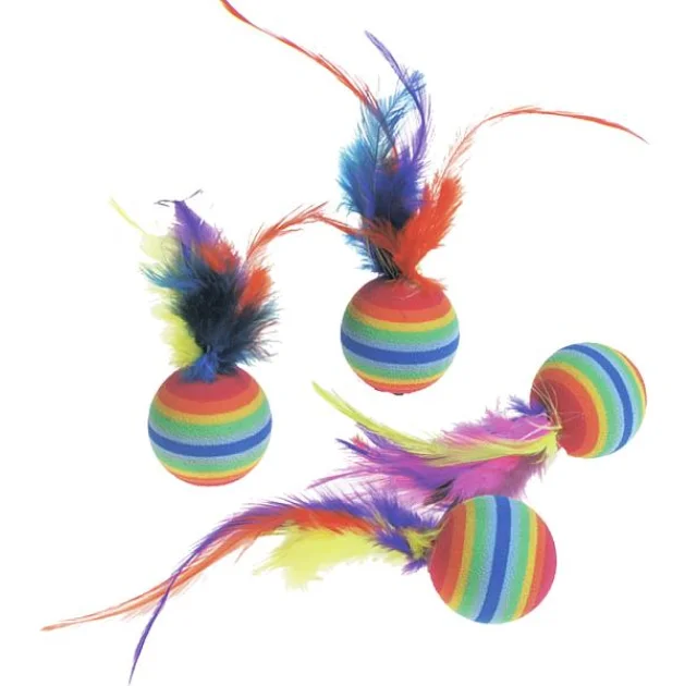 Набір іграшок Flamingo Rainbow Ball райдужний м'яч з пір'ям, для котів, 4 шт, 3 см
