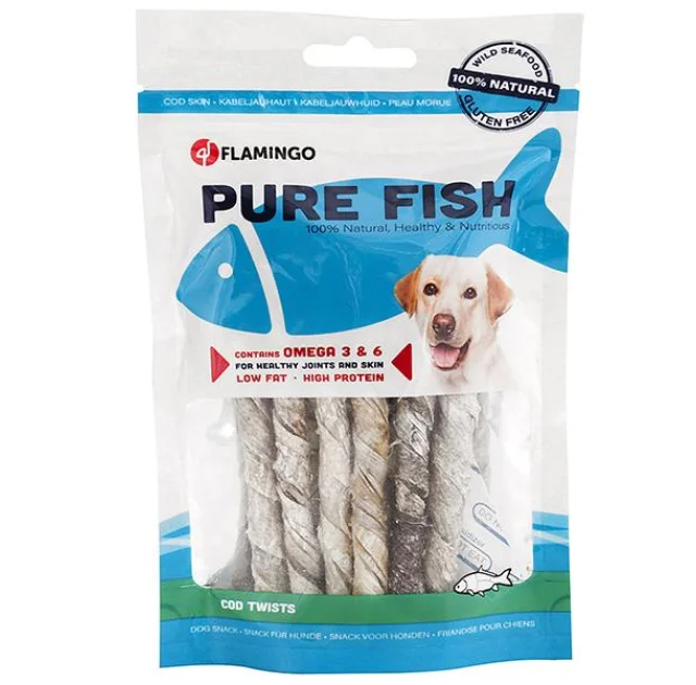 Ласощі Flamingo Fish Snack Natural Cod Skin Twist для собак, трубочки зі шкіри тріски, 85 г