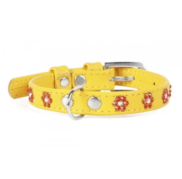 Ошейник Waudog Glamour с клеевыми стразами "Цветочек", ширина 9 мм, длина 18-21 см, желтый
