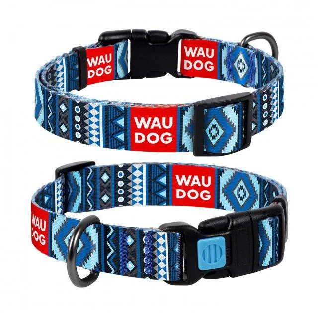 Ошейник Waudog Nylon с рисунком "Этно синий" ширина 25 мм, длина 31-49 см