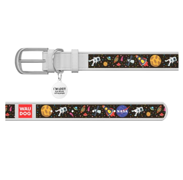 Нашийник Waudog Printed з малюнком "NASA", преміум шкіра, металева пряжка, 20 мм, 30-39 см, білий