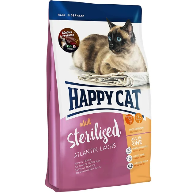 Сухий корм Happy Cat Adult Sterilised для стерилізованих кішок кастрованих котів, з лососем, 300 г