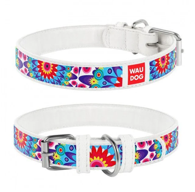 Ошейник Waudog с рисунком "Цветы" ширина 35 мм, длина 46-60 см, белый