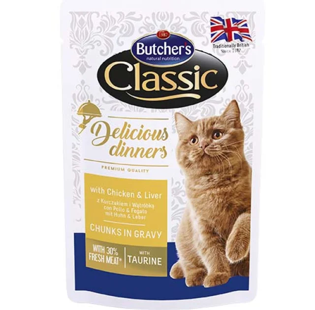 Влажный корм Butcher's Cat Delicious для кошек, с курицей и печенью, пауч, 100 г