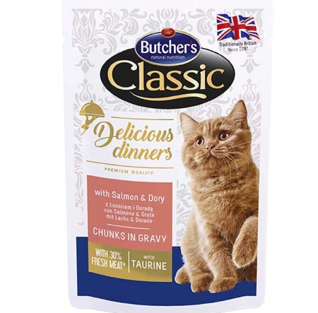 Влажный корм Butcher's Cat Delicious для кошек, с лососем и дори, пауч, 100 г