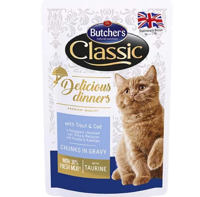 Влажный корм Butcher's Cat Delicious для кошек, с форелью и треской, пауч, 100 г