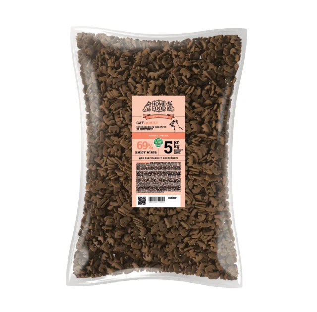 Сухой корм Home Food Hairball Control для выведения шерсти у взрослых кошек, с индейкой и уткой, 5 кг