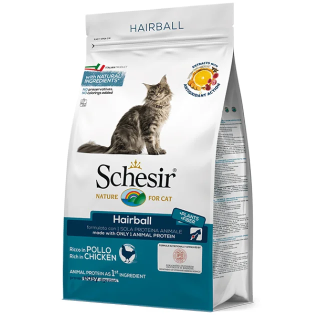 Сухой корм Schesir Cat Hairball для выведения шерсти, монопротеиновый, для длинношерстных котов, 1.5 кг