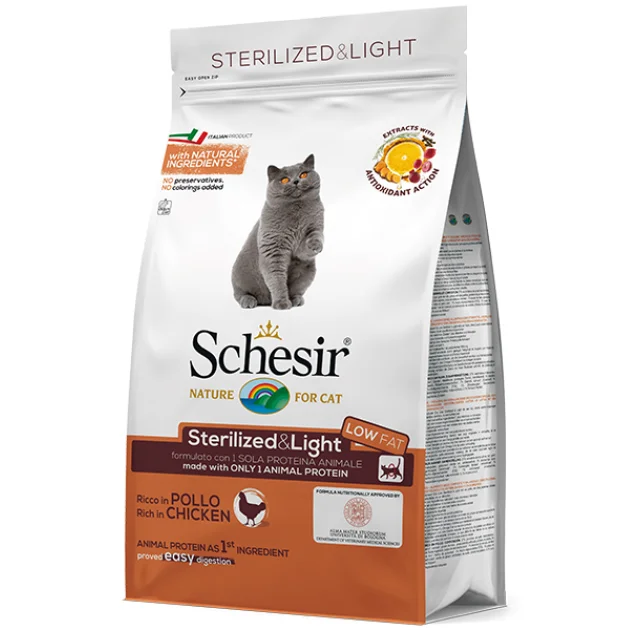 Сухой корм Schesir Cat Sterilized & Light с курицей, для стерилизованных кошек и кастрированных котов, 400 г
