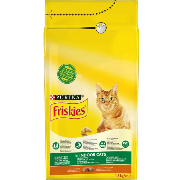 Сухой корм Purina Friskies Indoor Cat для кошек живущих в помещении, с курицей и овощами, 1.5 кг