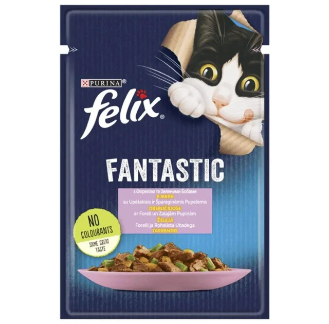 Влажный корм Purina Felix Fantastic для кошек, с форелью и зелеными бобами, 85 г