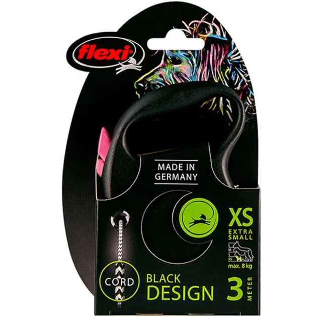 Повідець-рулетка Flexi Black Design XS для собак до 8 кг, 3 м, трос, рожева