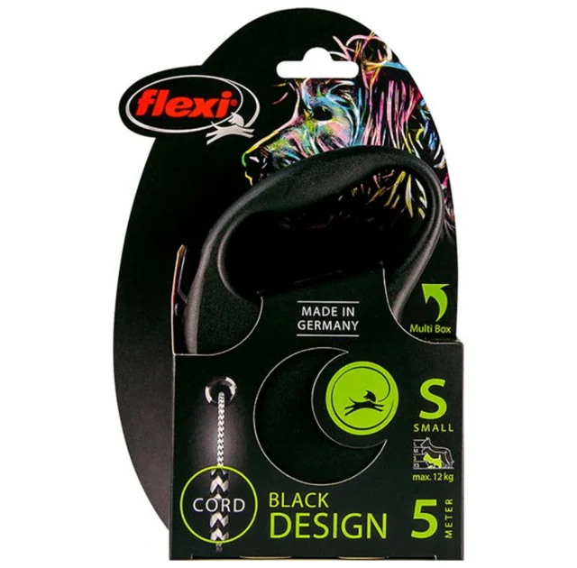 Повідець-рулетка Flexi Black Design S для собак до 12 кг, 5 м, трос, чорна