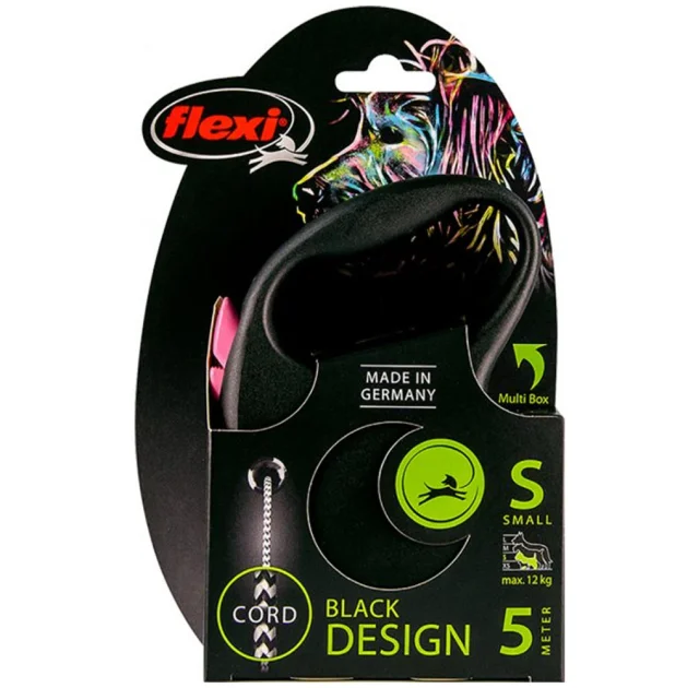 Повідець-рулетка Flexi Black Design S для собак до 12 кг, 5 м, трос, рожева